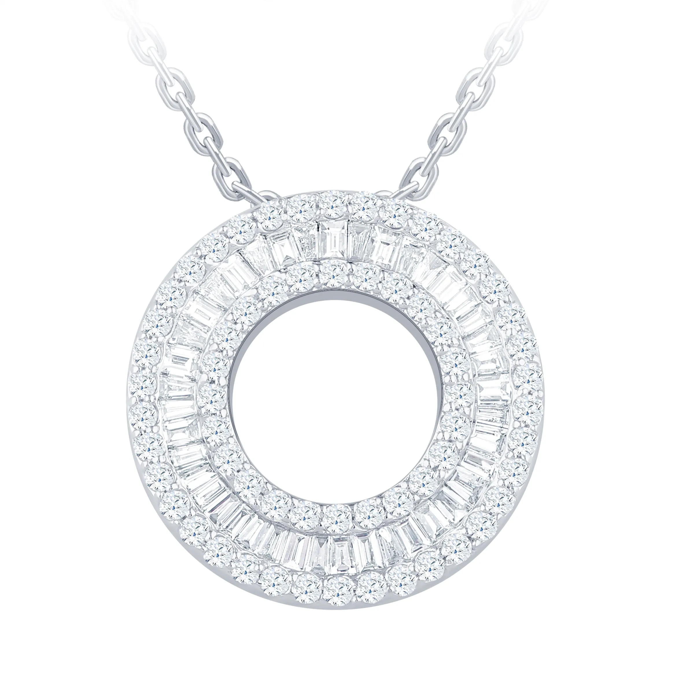 14K White Gold Baguette Diamond Circle Necklace