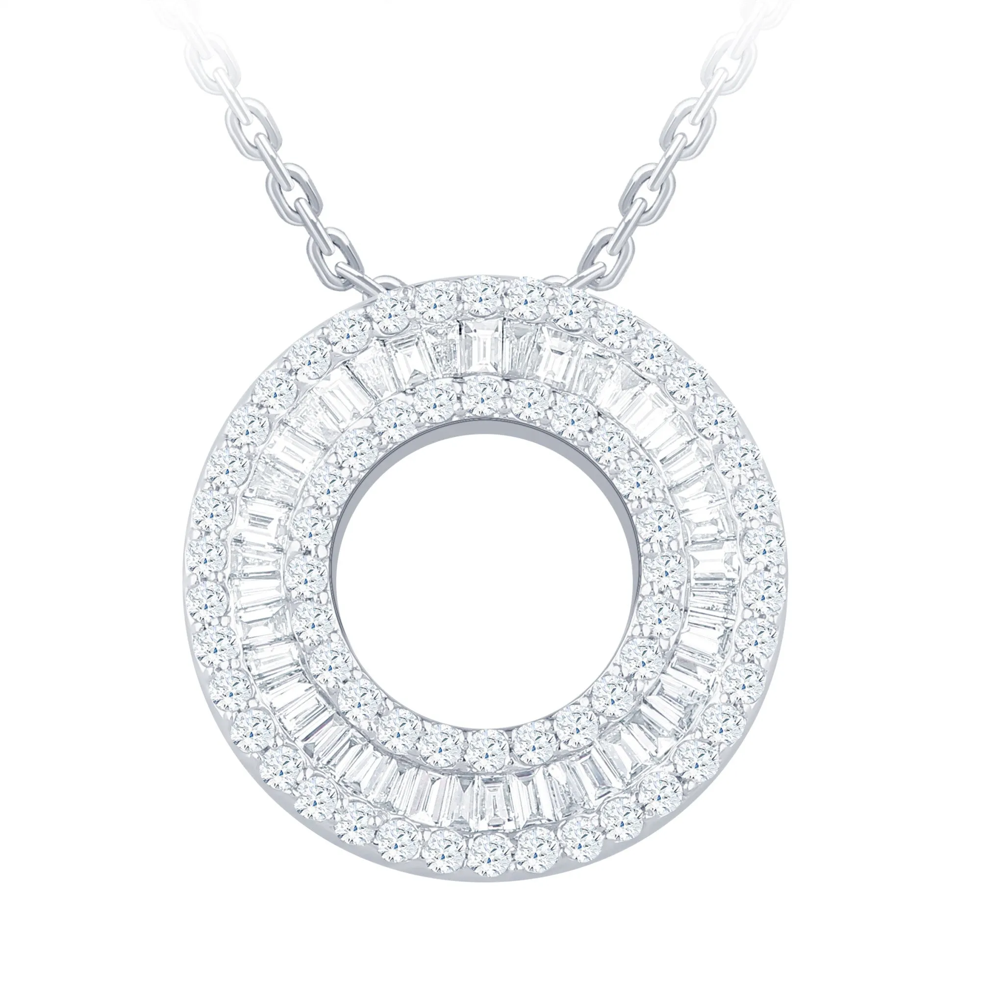 14K White Gold Baguette Diamond Circle Necklace