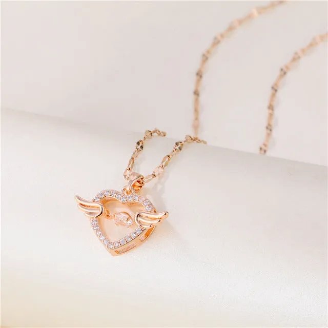 18K Rose Gold Sweet Beating Heart Series Wings Pendant Necklace