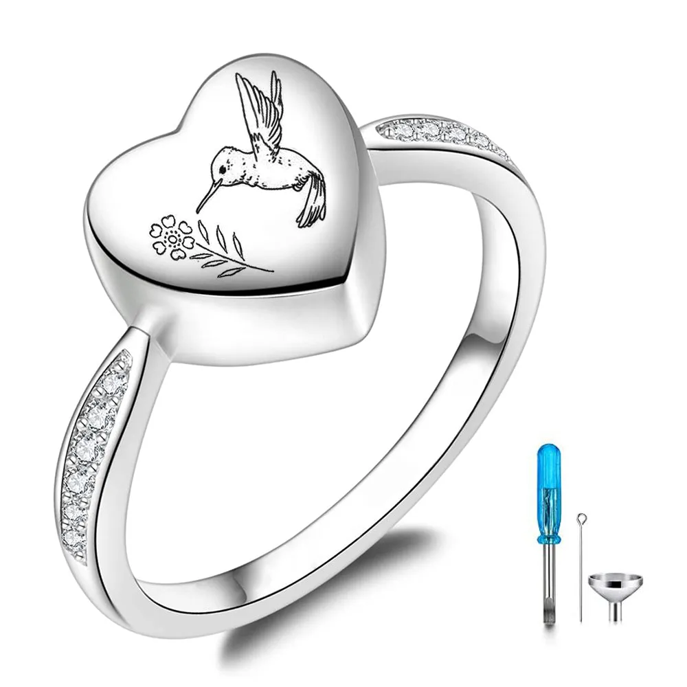 925 Sterling Silver Hummingbird Heart Urn Ring for Ashes I Carry You with Me Cremation Jewelry Hummingbird Ring