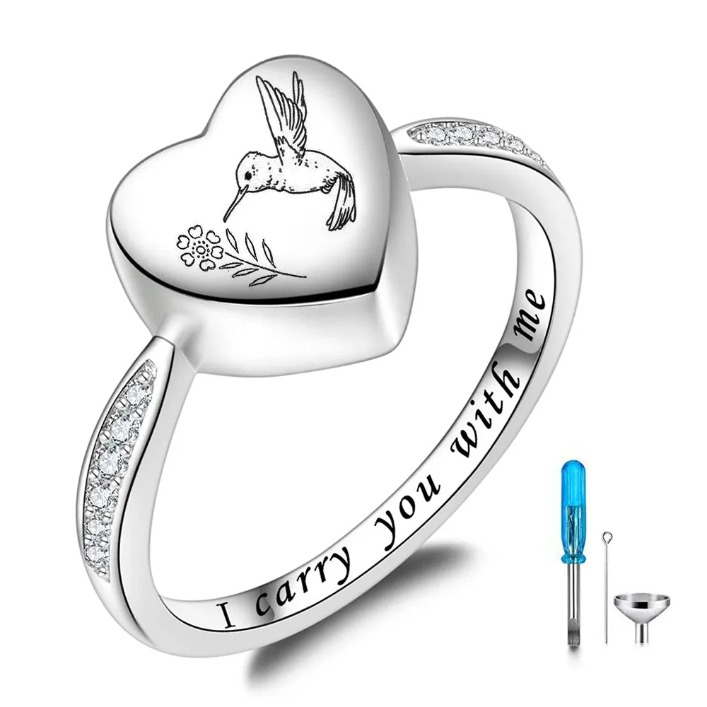 925 Sterling Silver Hummingbird Heart Urn Ring for Ashes I Carry You with Me Cremation Jewelry Hummingbird Ring