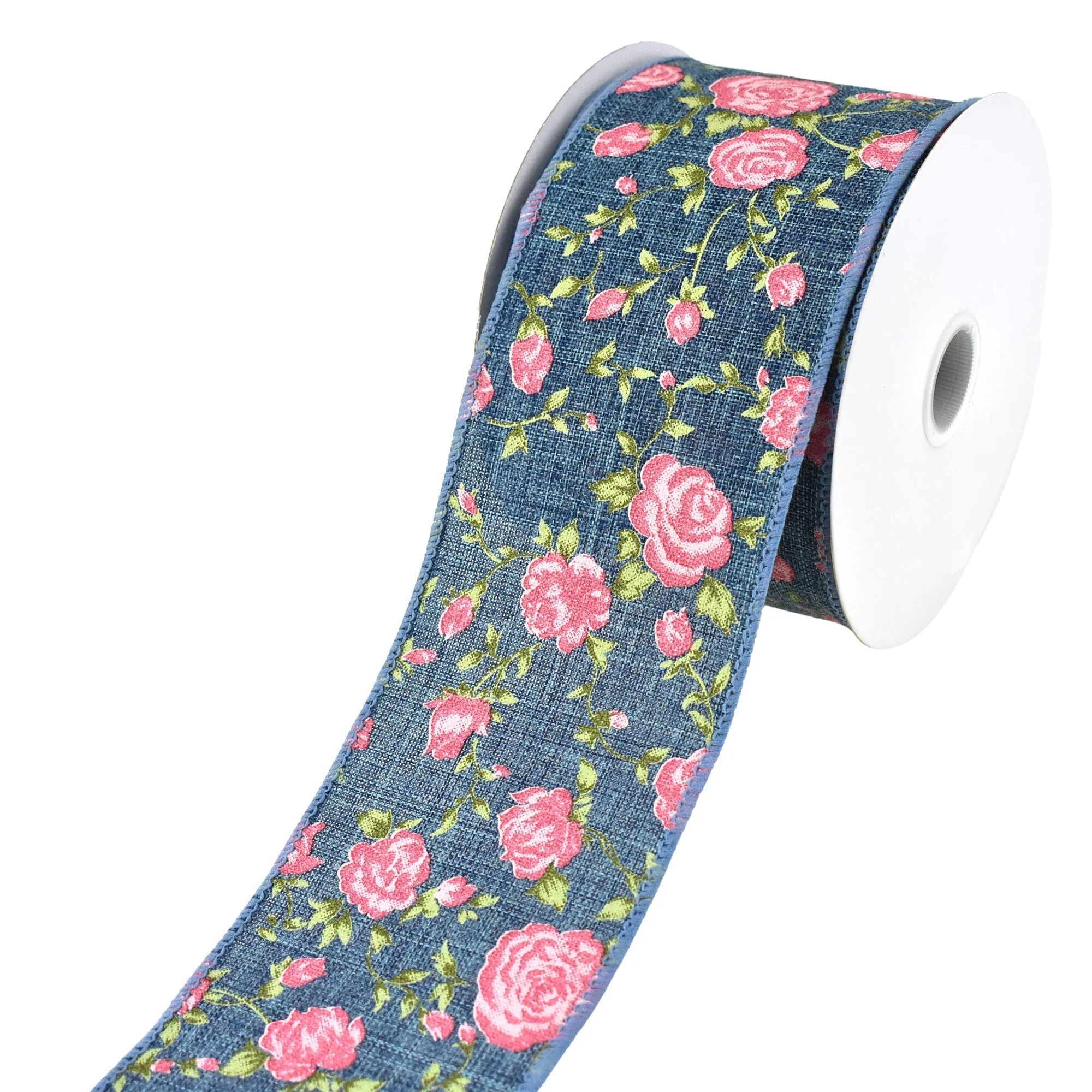 Blooming Rose Faux Denim Wired Ribbon, 10-yard