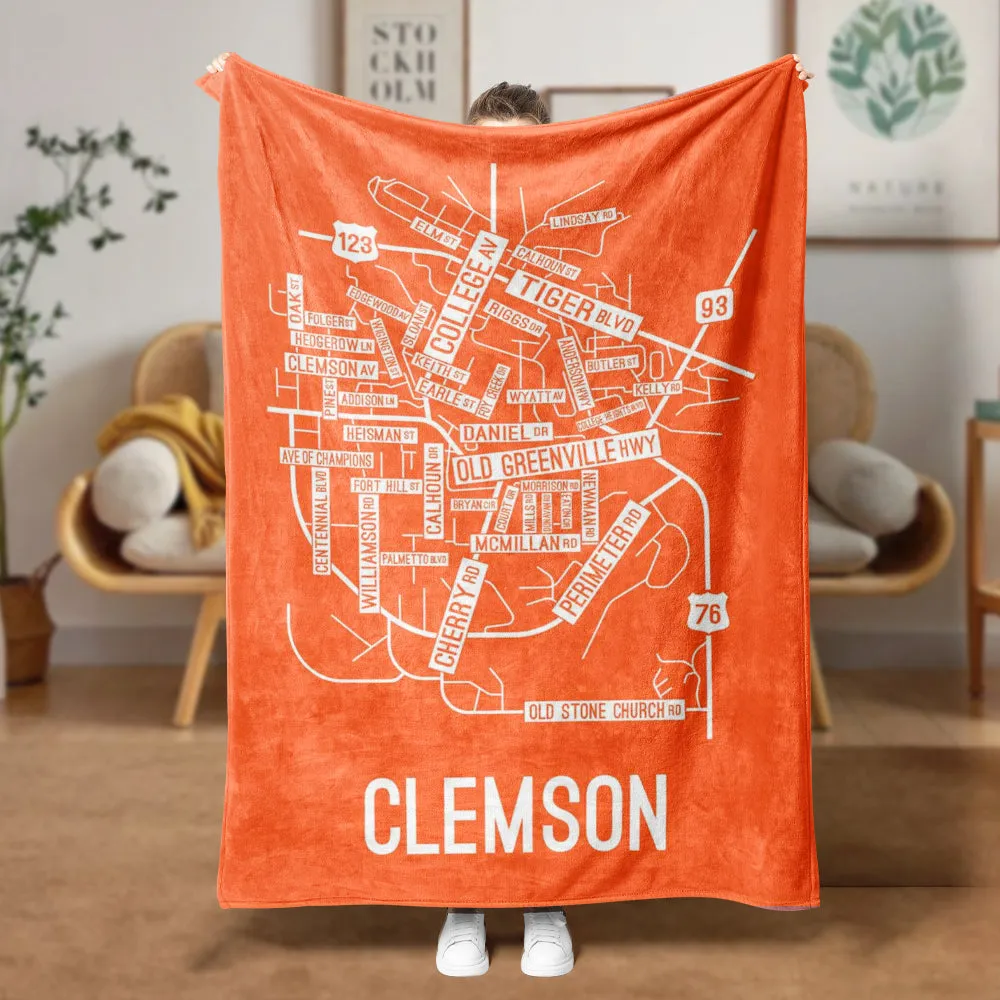 Clemson, South Carolina Street Map Blanket Freshmen/Graduates Memorial Gifts