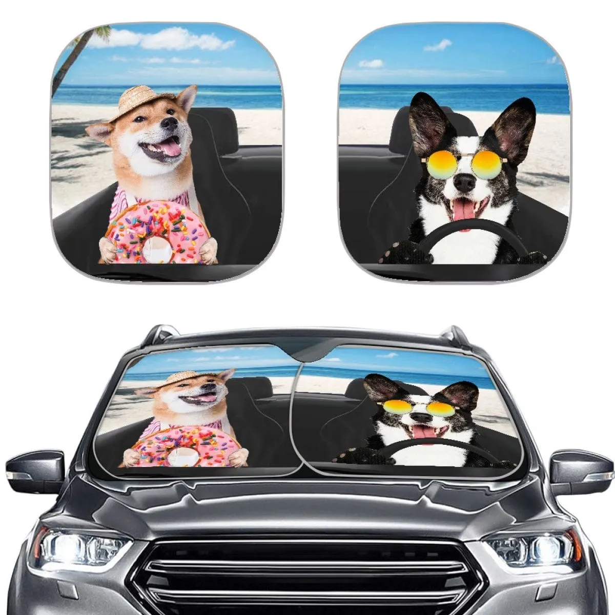 Custom Pet Photo Funny Car Windshield Sun Shade 2-Piece Personalized Car Front Sunshade