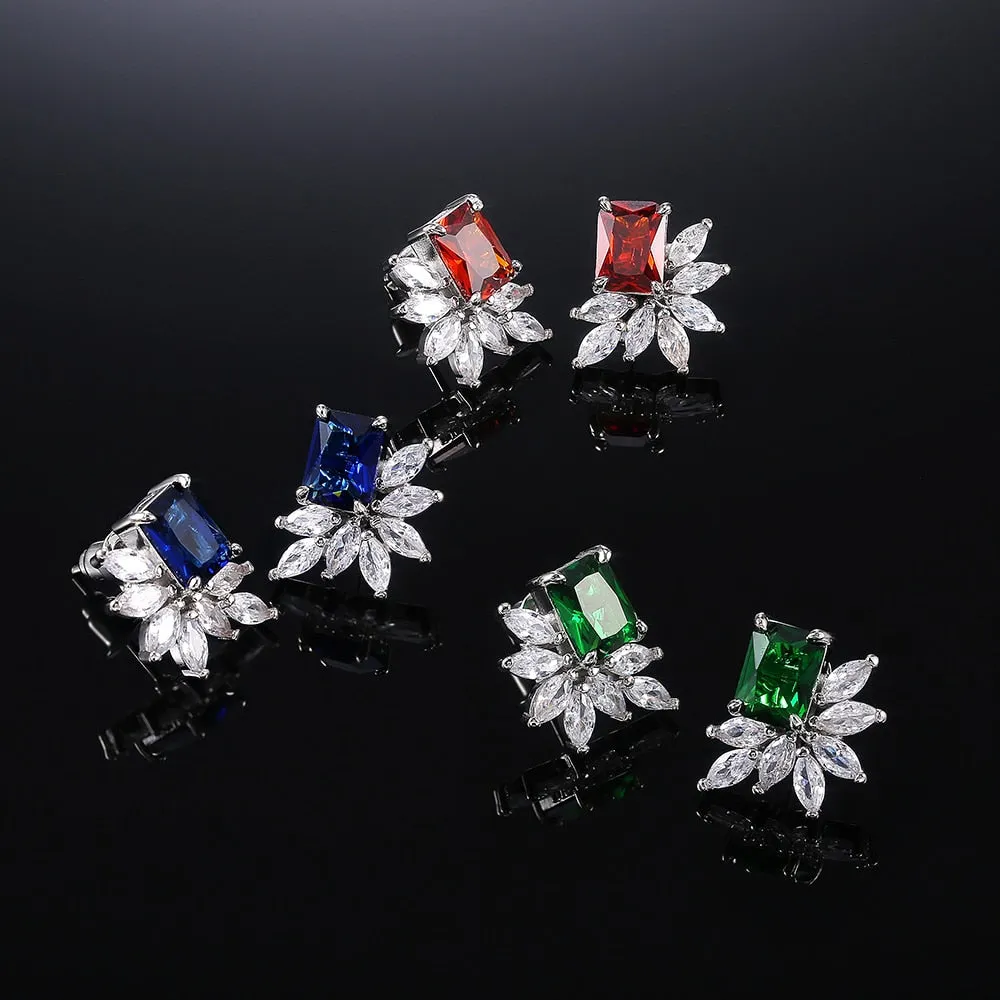 Dainty Cubic Zirconia Flower Stud Earrings for Women with Radiant cut Stone