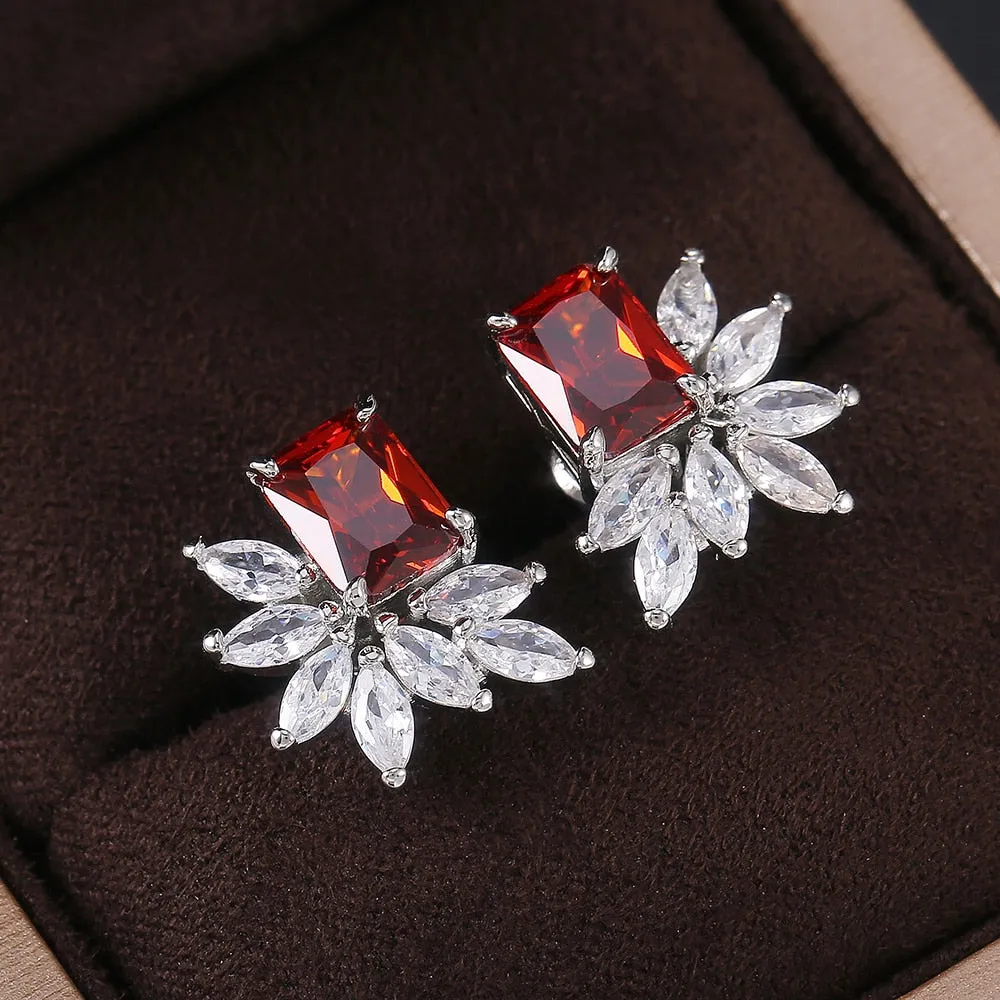 Dainty Cubic Zirconia Flower Stud Earrings for Women with Radiant cut Stone