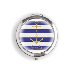 Designer Compact Mirror - Anchor on Stripes Print Rose Gold Royal Blue