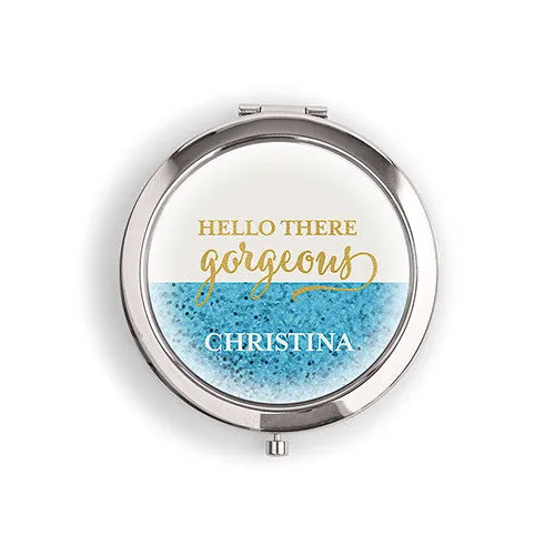 Designer Compact Mirror - Glitter Foil Print Silver Caribbean Blue