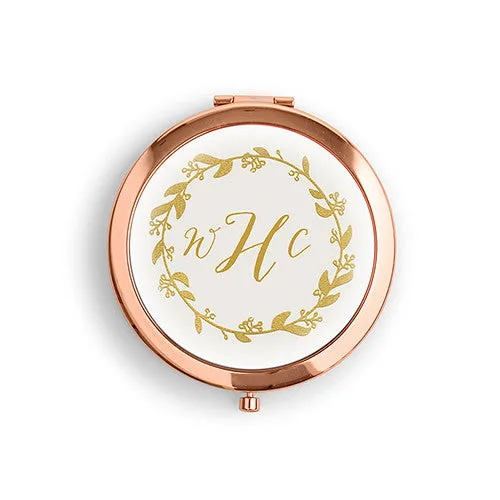 Designer Compact Mirror - Wreath Monogram Print Rose Gold Gold