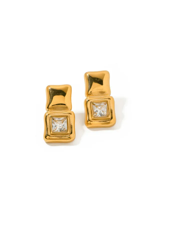 Double Square Golden Statement Stud Earrings 18K Gold Plated Cubic Zirconia Waterproof Jewelry