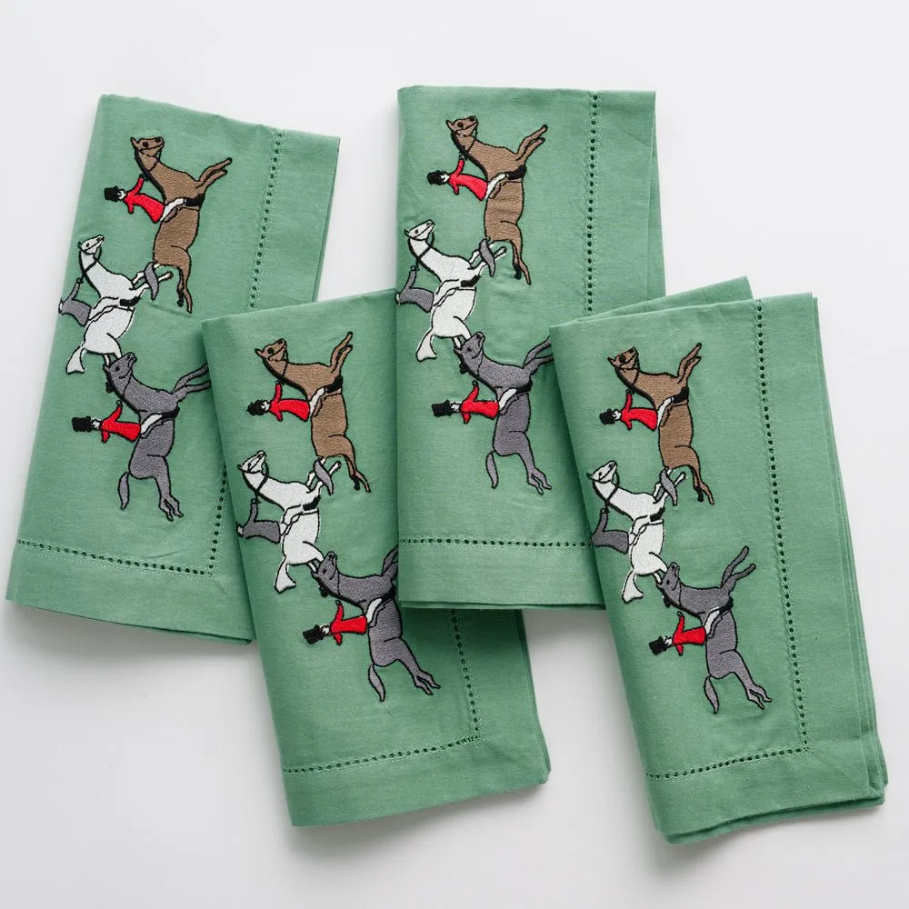 Embroidered Hunt Scene Green Napkin | Set of 4