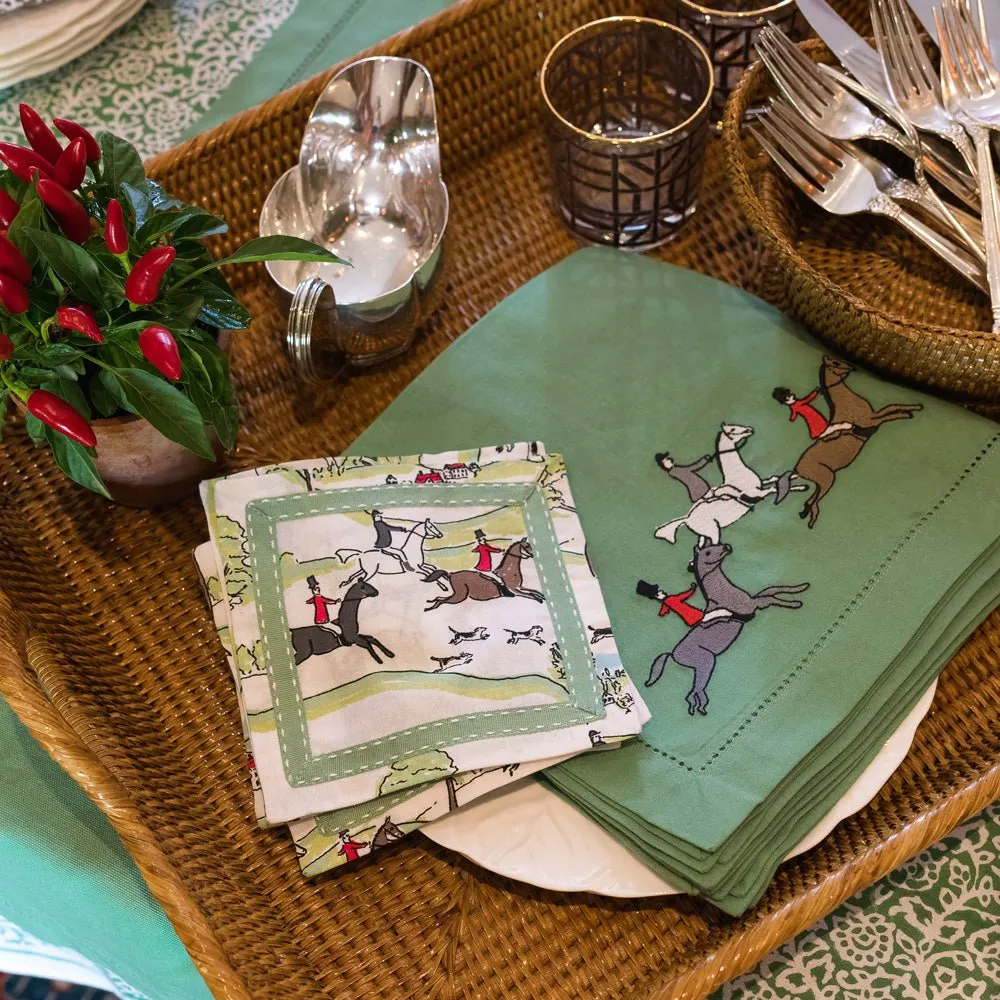 Embroidered Hunt Scene Green Napkin | Set of 4