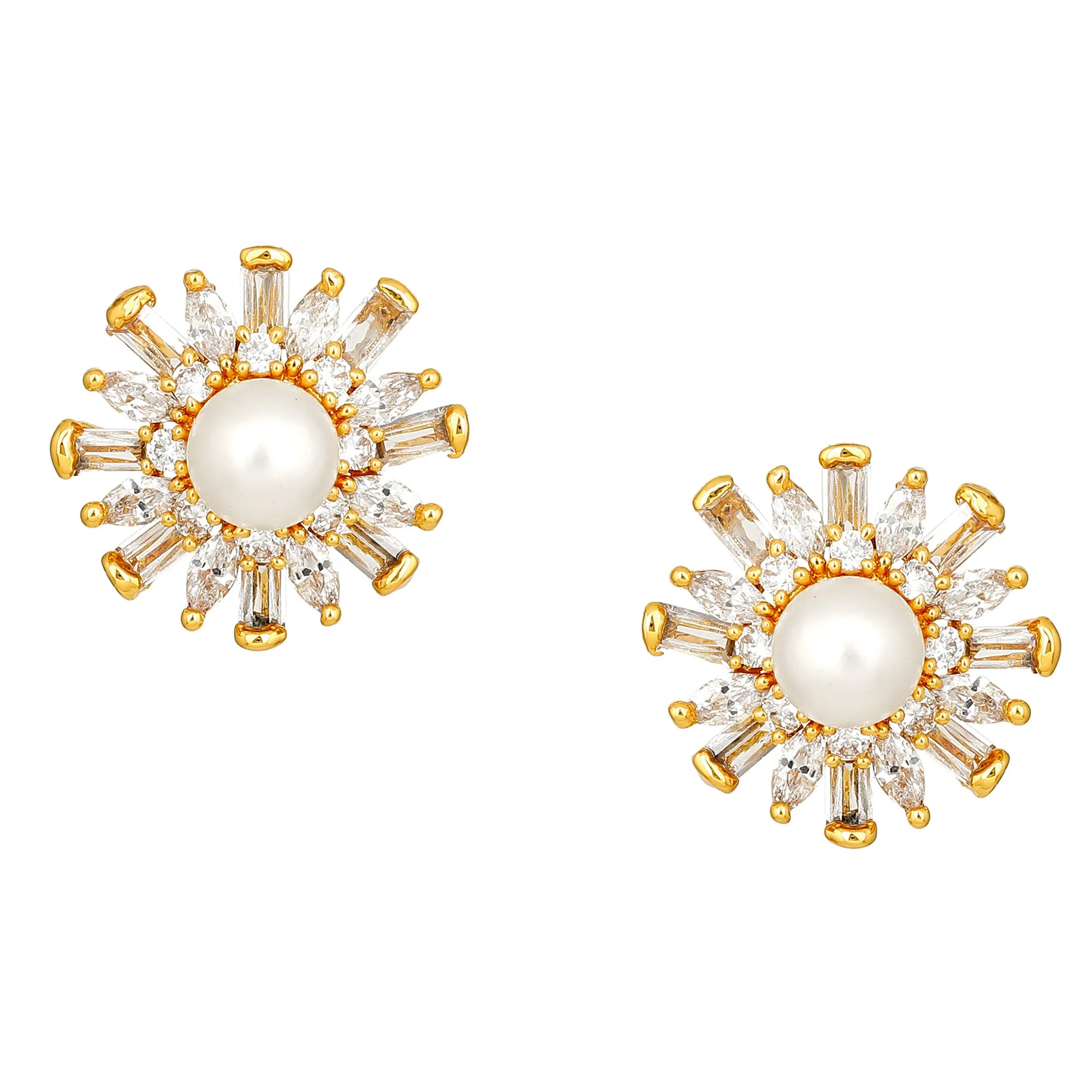 Estele Gold Plated American Diamond & Baguette's Pearl Flower Stud Earrings for women