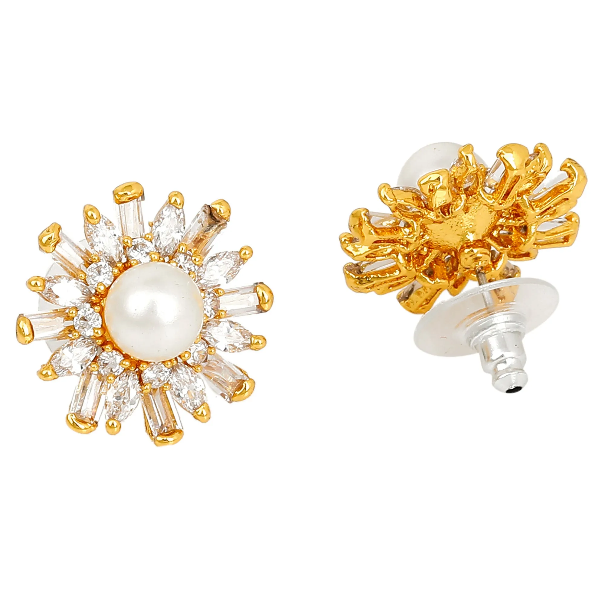 Estele Gold Plated American Diamond & Baguette's Pearl Flower Stud Earrings for women