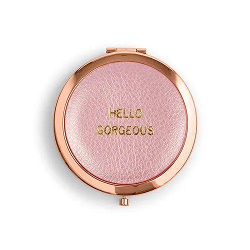 Faux Leather Compact Mirror - Hello Gorgeous Emboss Rose Gold Pink