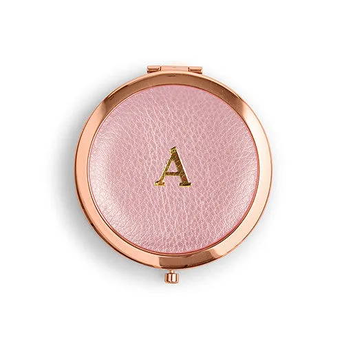 Faux Leather Compact Mirror - Initial Monogram Emboss Rose Gold Pink