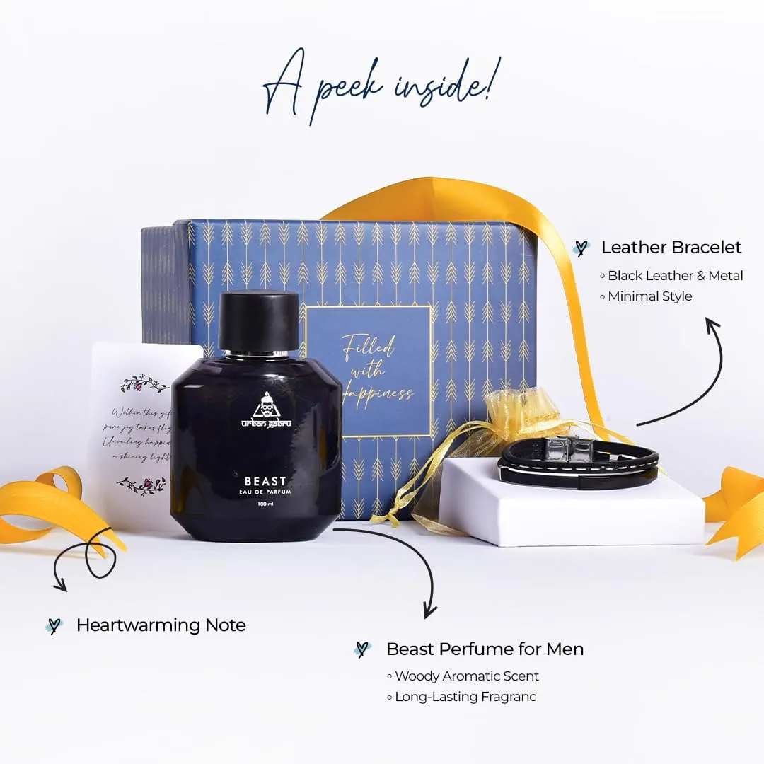 Gleevers Gift Set for Men|Gift Box pack of 2 with Urban Gabru Perfume (100 ml) & Yellow Chimes Bracelet| Birthday Gift, Anniversary Gift, Valentine Gift, Christmas Gift, Secret Santa Gifts