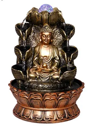 Globle Creations Water Fountain with Gautam Buddha, Multicolor LED Lights, Motor Pump with Water Flow Control Switch and Crystal Ball, 30 x 20 x 20 cm