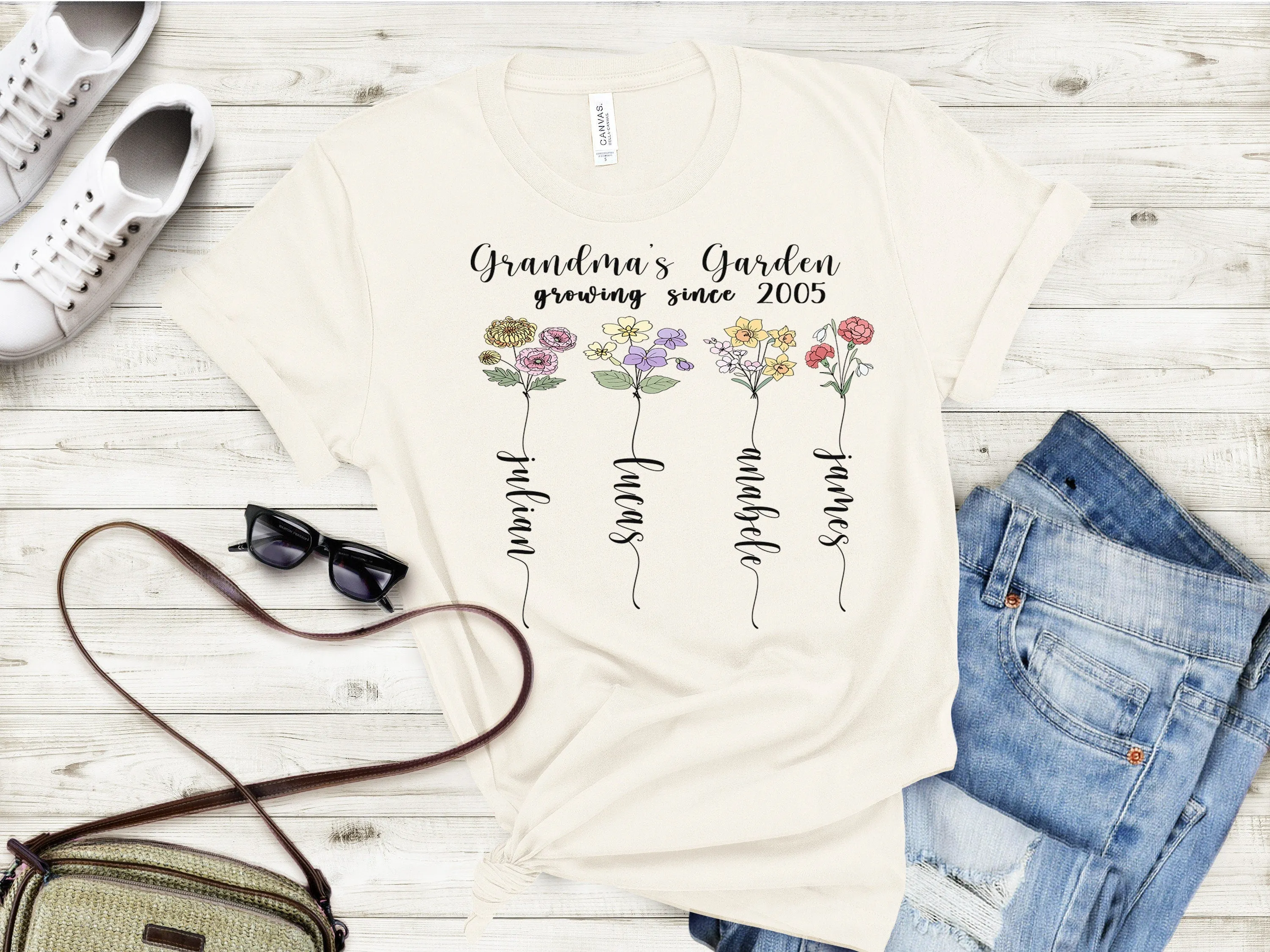 Grandma shirt, Warm Grandma's heart with personalized love! Our Grandma's  garden Shirt with kid's names – a cherished keepsake.