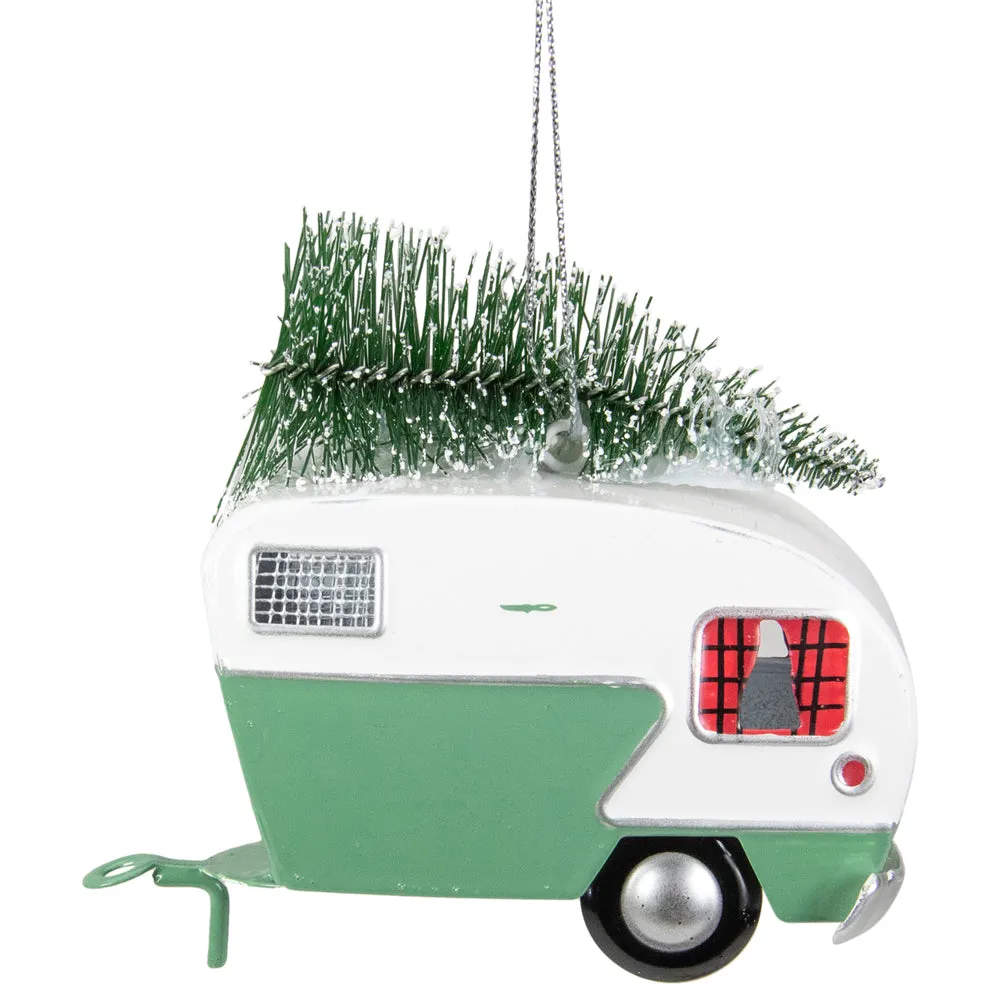 Green And White Rv Camper Van With Tree Christmas Ornament