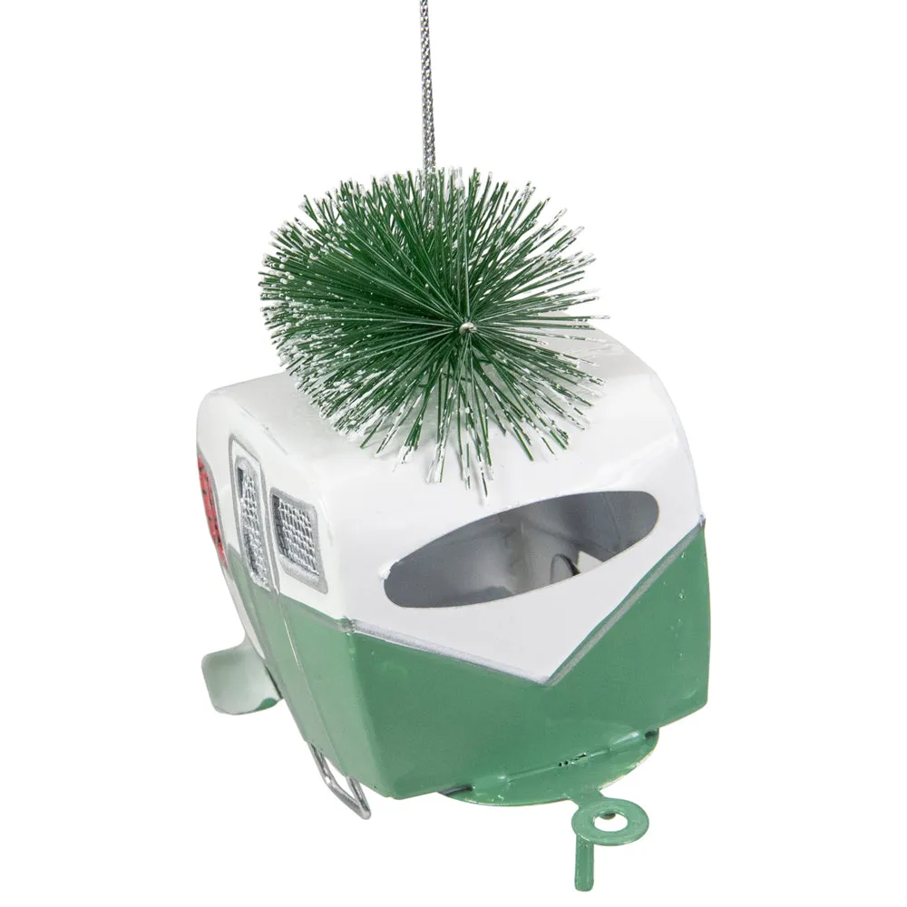 Green And White Rv Camper Van With Tree Christmas Ornament