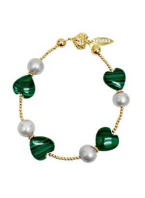 Heart Green Malachite with Gray Freshwater Pearls Bracelet LB013