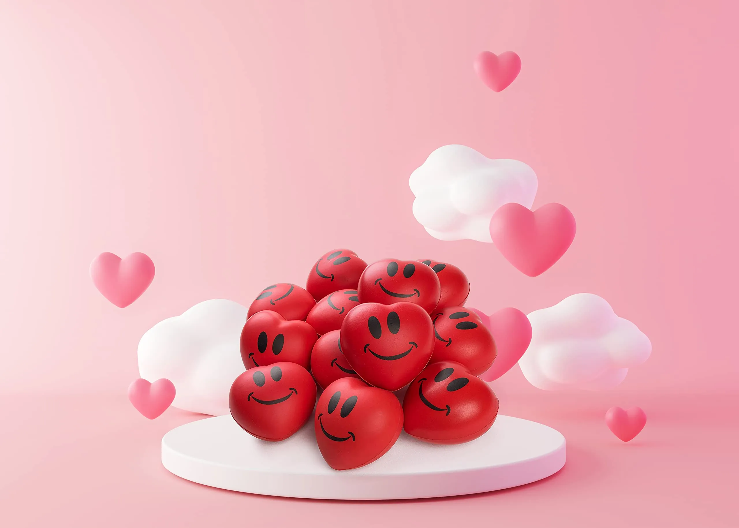 Heart Stress Balls - Valentines Day Red Hearts 3" Smile Face Squeeze Stress