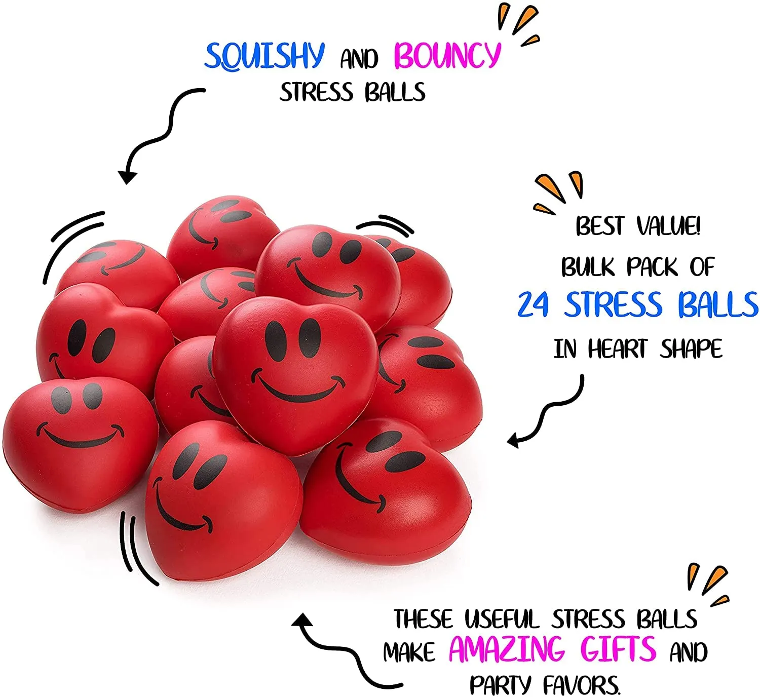 Heart Stress Balls - Valentines Day Red Hearts 3" Smile Face Squeeze Stress