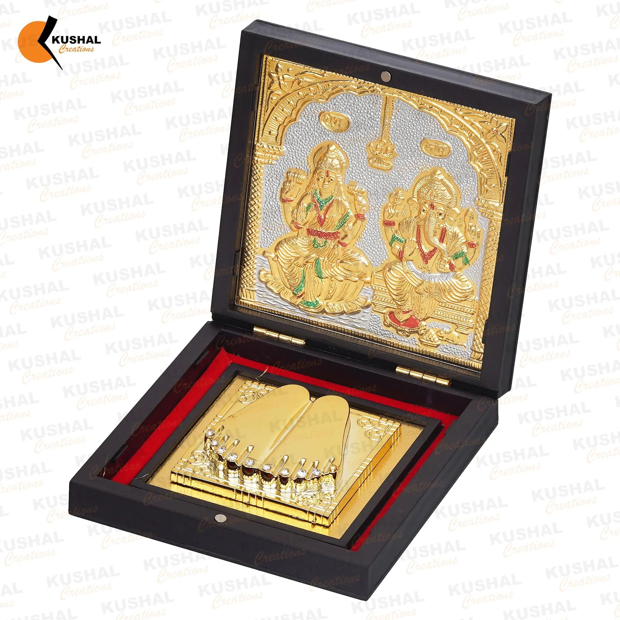 KUSHAL CREATIONS 24K Gold Plated Laxmi Ganesh ji Charan paduka With Photo Frame