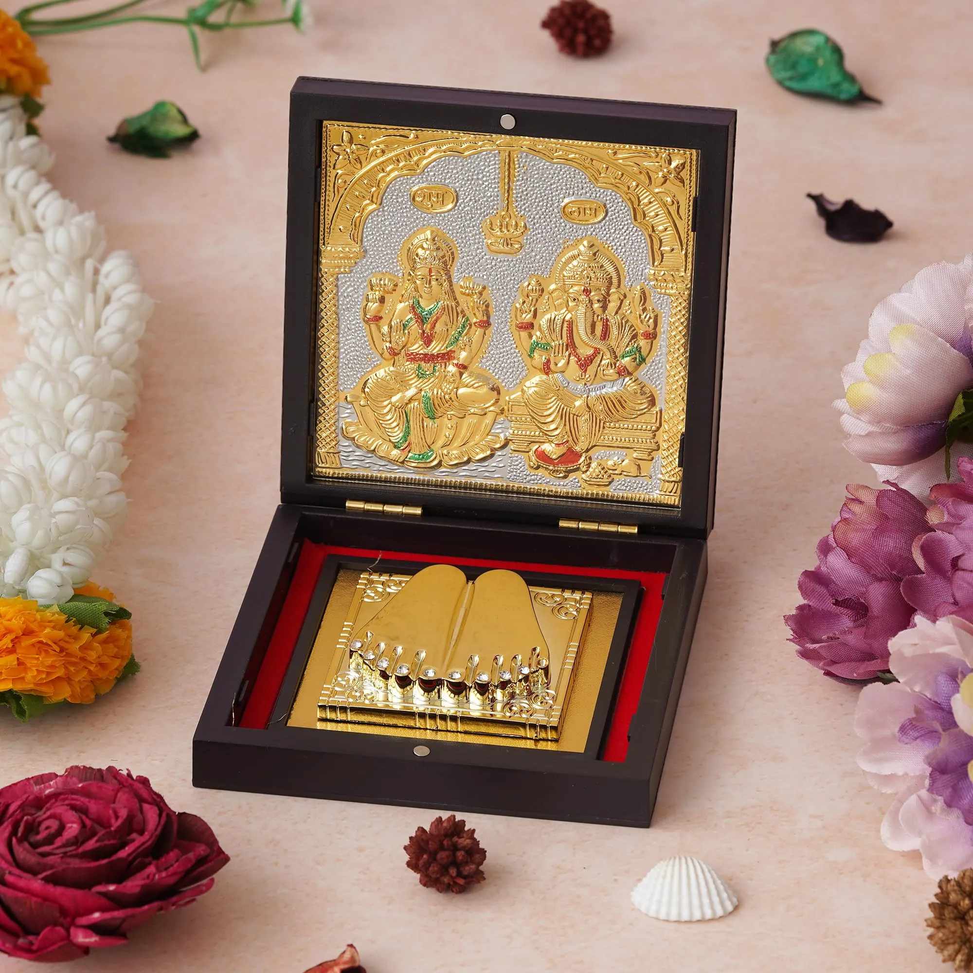 KUSHAL CREATIONS 24K Gold Plated Laxmi Ganesh ji Charan paduka With Photo Frame