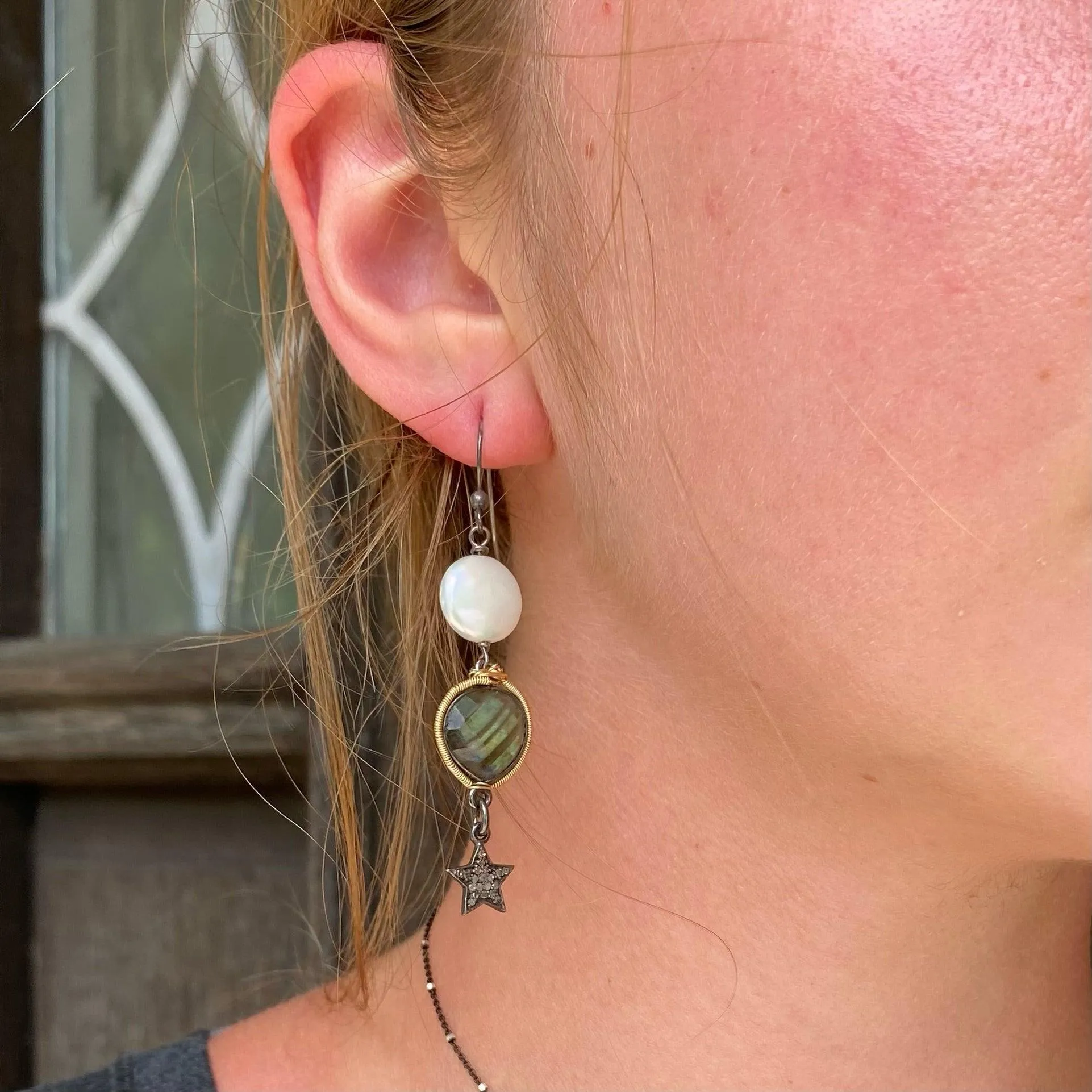 Labradorite, Pearl, and Diamond Star Earrings in Oxidized Silver