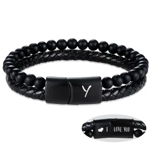 Leather Bracelet for Men Initial Y Layered Black Beaded Bracelets I Love You Gifts for Him