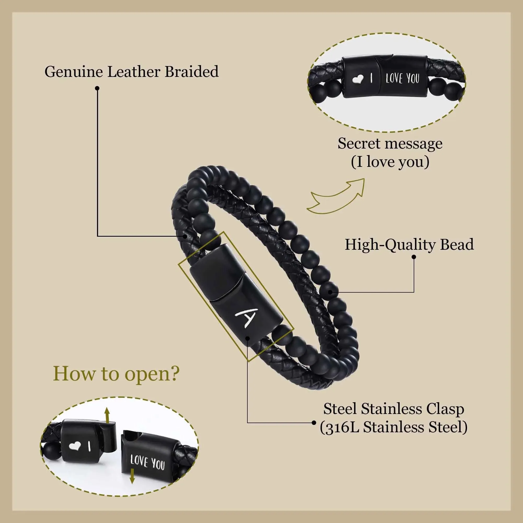 Leather Bracelet for Men Initial Y Layered Black Beaded Bracelets I Love You Gifts for Him