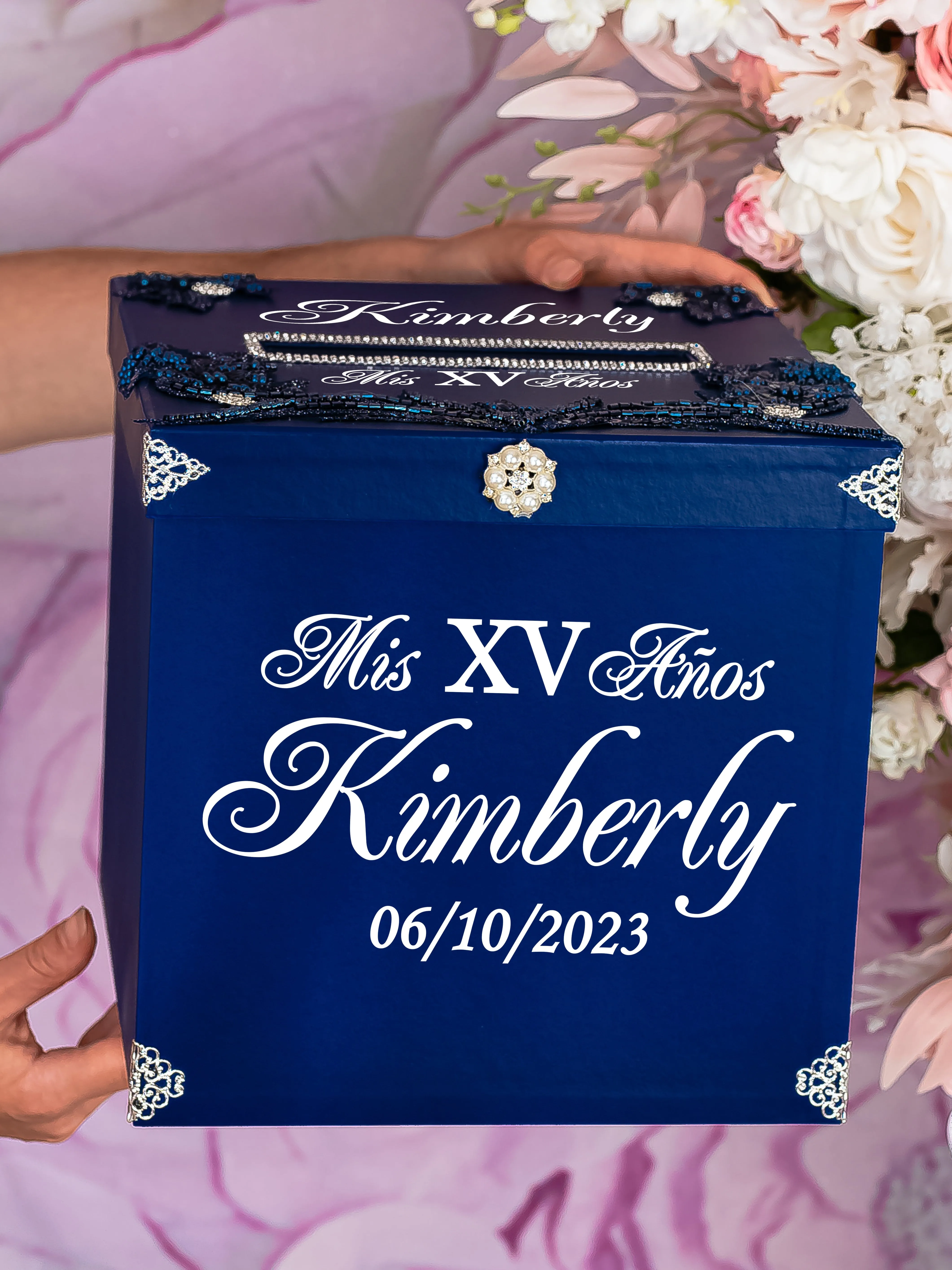 Navy Blue with silver Quinceanera Money Card Box