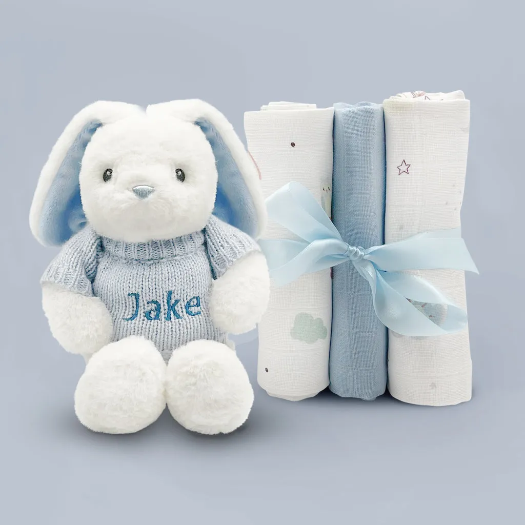 Personalised Little Blue Bunny with Trio of Little Love Muslins