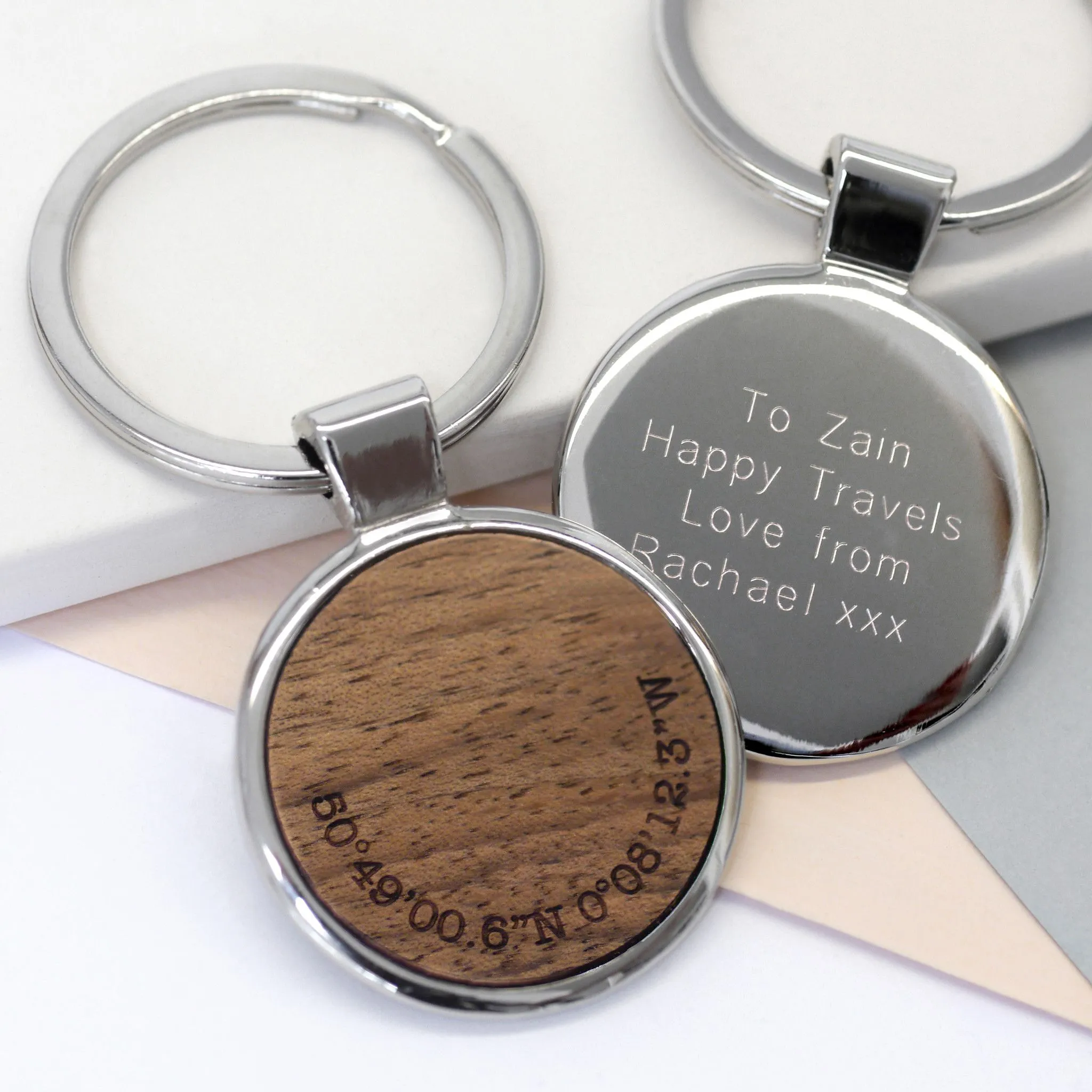 Personalised Walnut Wood Coordinate Keyring