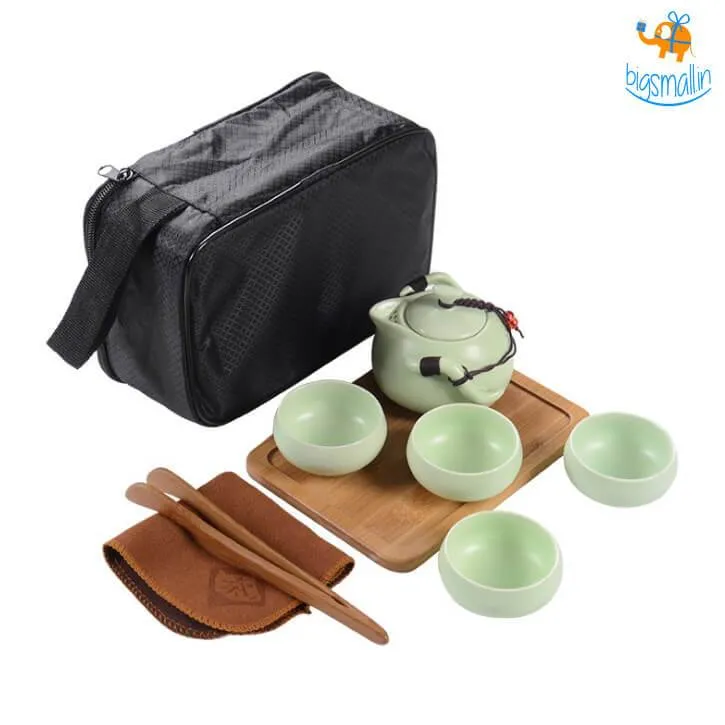 Portable Japanese Tea Set With Wooden Tray