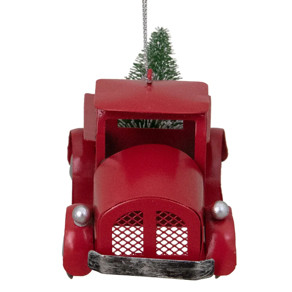 Red Vintage Truck With Frosted Tree Christmas Ornament