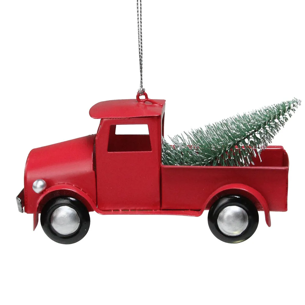 Red Vintage Truck With Frosted Tree Christmas Ornament