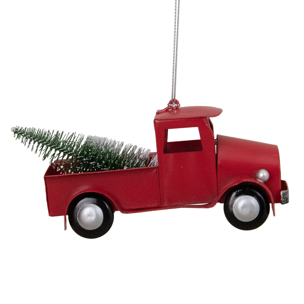 Red Vintage Truck With Frosted Tree Christmas Ornament