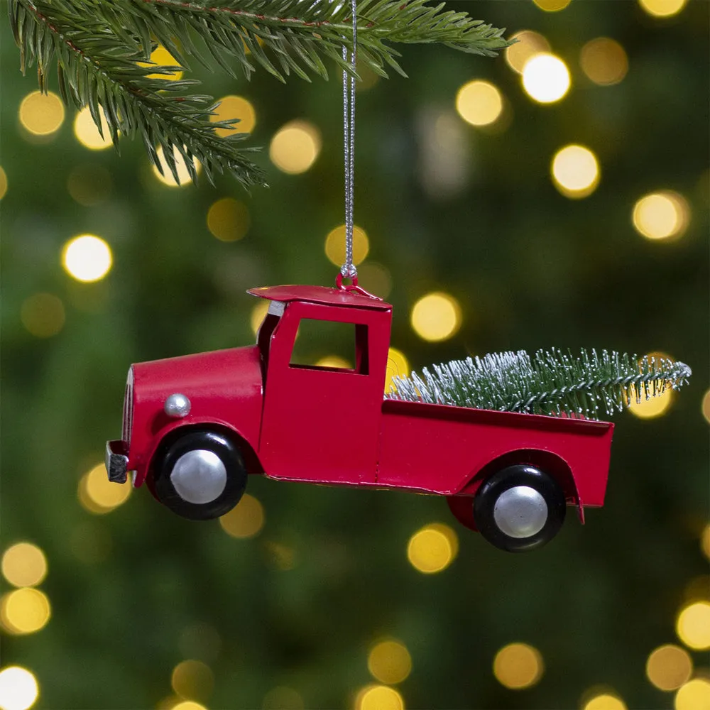 Red Vintage Truck With Frosted Tree Christmas Ornament