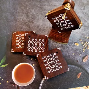 Sikku Kolam Inspired Hand Painted Sheesham Wood Coaster Set with Stand