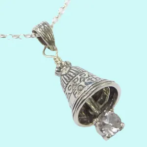 Sterling Silver Bell necklace Faith message designer jewelry. CZ zircon