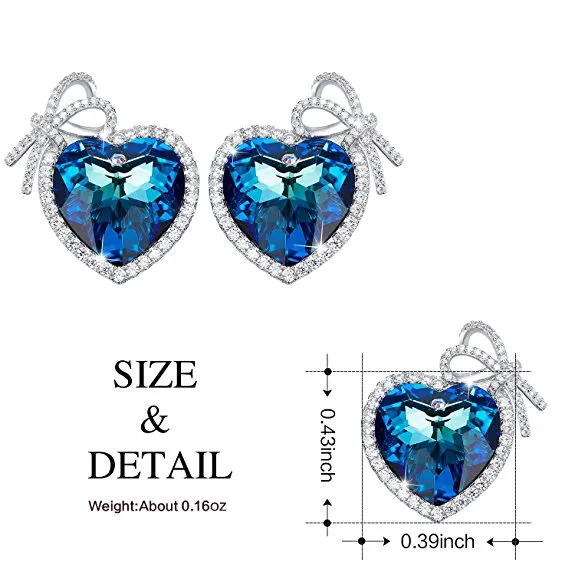 Sterling silver blue topaz heart with a bow earring