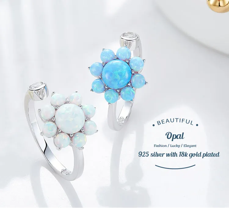 Sterling silver cute blue opal flower ring