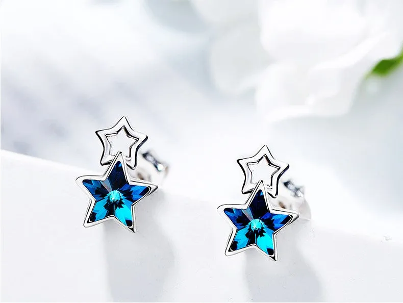 Sterling silver sapphire star in a star earring